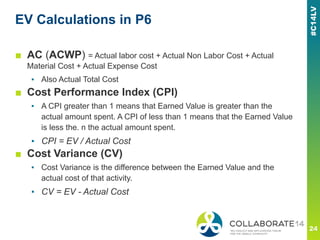 EV Calculations in P6
■ AC (ACWP) = Actual labor cost + Actual Non Labor Cost + Actual
Material Cost + Actual Expense Cost
▪ Also Actual Total Cost
■ Cost Performance Index (CPI)
▪ A CPI greater than 1 means that Earned Value is greater than the
actual amount spent. A CPI of less than 1 means that the Earned Value
is less the. n the actual amount spent.
▪ CPI = EV / Actual Cost
■ Cost Variance (CV)
▪ Cost Variance is the difference between the Earned Value and the
actual cost of that activity.
▪ CV = EV - Actual Cost
 