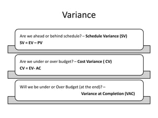 Variance
Are we ahead or behind schedule? – Schedule Variance (SV)
SV = EV – PV
Are we under or over budget? – Cost Variance ( CV)
CV = EV- AC
Will we be under or Over Budget (at the end)? –
Variance at Completion (VAC)
 