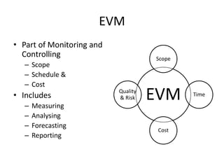 EVM
• Part of Monitoring and
Controlling
– Scope
– Schedule &
– Cost
• Includes
– Measuring
– Analysing
– Forecasting
– Reporting
EVM
Scope
Time
Cost
Quality
& Risk
 