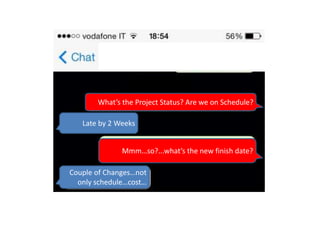 What’s the Project Status? Are we on Schedule?
Late by 2 Weeks
Mmm…so?...what’s the new finish date?
Couple of Changes…not
only schedule…cost…
 