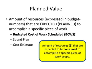 Planned Value
• Amount of resources (expressed in budget-
numbers) that are EXPECTED (PLANNED) to
accomplish a specific piece of work
– Budgeted Cost of Work Scheduled (BCWS)
– Spend Plan
– Cost Estimate Amount of resources ($) that are
expected to be consumed to
accomplish a specific piece of
work scope.
 