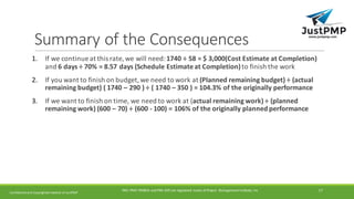 Summary	of	the	Consequences
1. If	we	continue	at	this	rate,	we	will	need:	1740	÷ 58	=	$	3,000(Cost	Estimate	at	Completion)
and	6	days	÷ 70%	=	8.57	days	(Schedule	Estimate	at	Completion)to	finish	the	work
2. If	you	want	to	finish	on	budget,	we	need	to	work	at	(Planned	remaining	budget)	÷ (actual	
remaining	budget)	(	1740	– 290	)	÷ (	1740	– 350	)	=	104.3%	of	the	originally	performance	
3. If	we	want	to	finish	on	time,	we	need	to	work	at	(actual	remaining	work)	÷ (planned	
remaining	work)	(600	– 70)	÷ (600	- 100)	=	106%	of	the	originally	planned	performance
Confidential	and	Copyrighted	material	of	JustPMP
PMI,	PMP,	PMBOK	and	PMI-ACP	are	registered	 marks	of	Project	 Management	Institute,	Inc 17
 