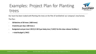Examples:	Project	Plan	for	Planting	
trees	
Our	team	has	been	tasked	with	Planting	the	trees	on	the	Plot	of	land	behind	 our	company’s	new	factory.
The	Plan:
- 30	Batches	of	20	trees	(	600	trees)
- 5	batches	per	day	(	100	trees	)
- Budgeted	cost	per	tree	2.90	$(	2.50	$	per	baby	tree	/	0.40	$	for	the	slow	release	fertilizer	)
- ->	total	budget	1,740	$
PMI,	PMP,	PMBOK	and	PMI-ACP	are	registered	 marks	of	Project	 Management	Institute,	IncConfidential	 and	Copyrighted	 material	of	JustPMP 4
 