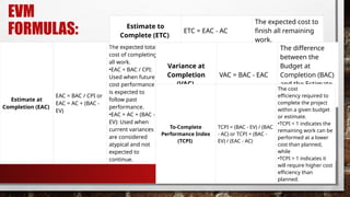 EVM
FORMULAS:
Estimate at
Completion (EAC)
EAC = BAC / CPI or
EAC = AC + (BAC -
EV)
The expected total
cost of completing
all work.
•EAC = BAC / CPI:
Used when future
cost performance
is expected to
follow past
performance.
•EAC = AC + (BAC -
EV): Used when
current variances
are considered
atypical and not
expected to
continue.
Estimate to
Complete (ETC)
ETC = EAC - AC
The expected cost to
finish all remaining
work.
Variance at
Completion
(VAC)
VAC = BAC - EAC
The difference
between the
Budget at
Completion (BAC)
and the Estimate
at Completion
(EAC).
To-Complete
Performance Index
(TCPI)
TCPI = (BAC - EV) / (BAC
- AC) or TCPI = (BAC -
EV) / (EAC - AC)
The cost
efficiency required to
complete the project
within a given budget
or estimate.
•TCPI < 1 indicates the
remaining work can be
performed at a lower
cost than planned,
while
•TCPI > 1 indicates it
will require higher cost
efficiency than
planned.
 