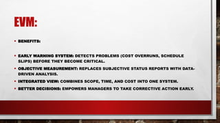 EVM:
• BENEFITS:
• EARLY WARNING SYSTEM: DETECTS PROBLEMS (COST OVERRUNS, SCHEDULE
SLIPS) BEFORE THEY BECOME CRITICAL.
• OBJECTIVE MEASUREMENT: REPLACES SUBJECTIVE STATUS REPORTS WITH DATA-
DRIVEN ANALYSIS.
• INTEGRATED VIEW: COMBINES SCOPE, TIME, AND COST INTO ONE SYSTEM.
• BETTER DECISIONS: EMPOWERS MANAGERS TO TAKE CORRECTIVE ACTION EARLY.
 