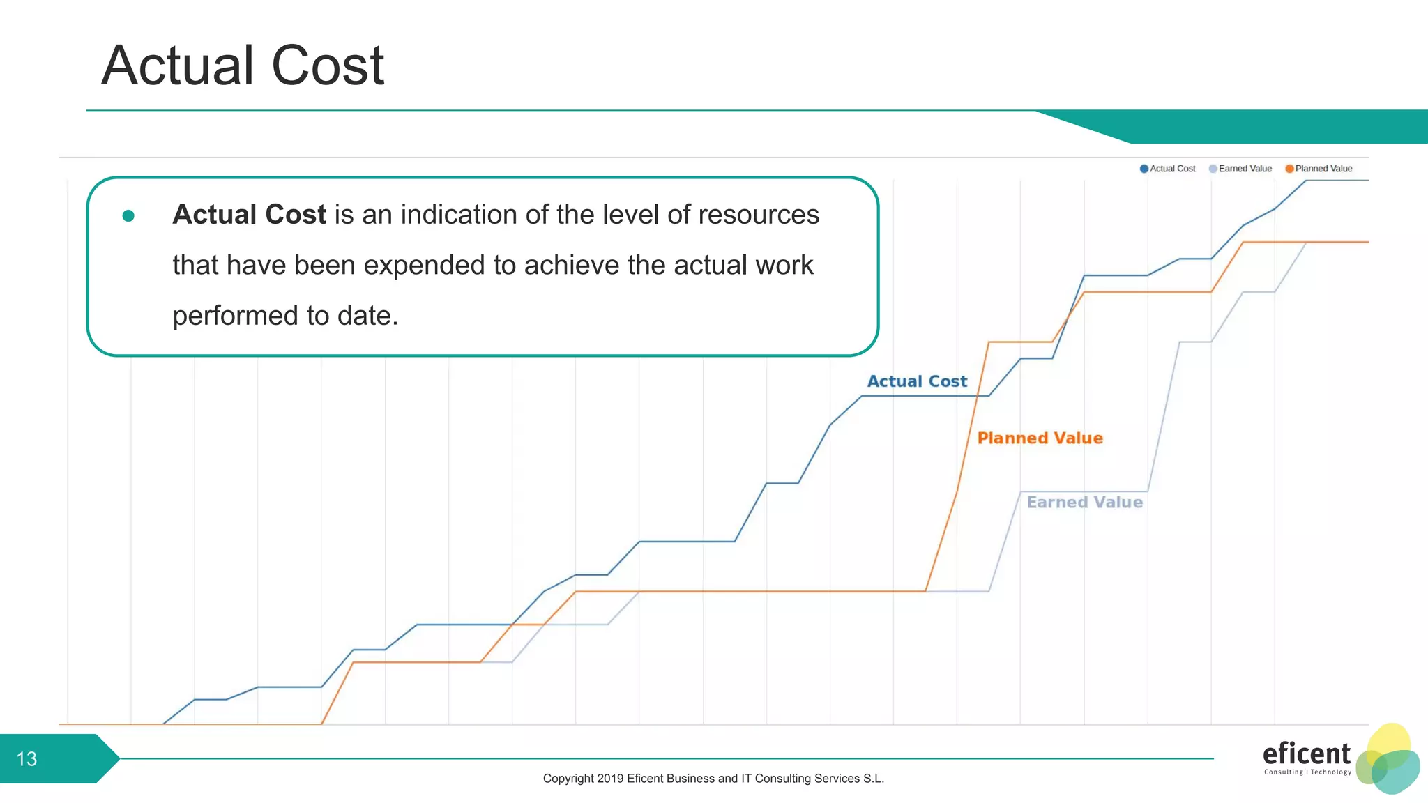 Copyright 2019 Eficent Business and IT Consulting Services S.L.
Actual Cost
13
13
● Actual Cost is an indication of the level of resources
that have been expended to achieve the actual work
performed to date.
 