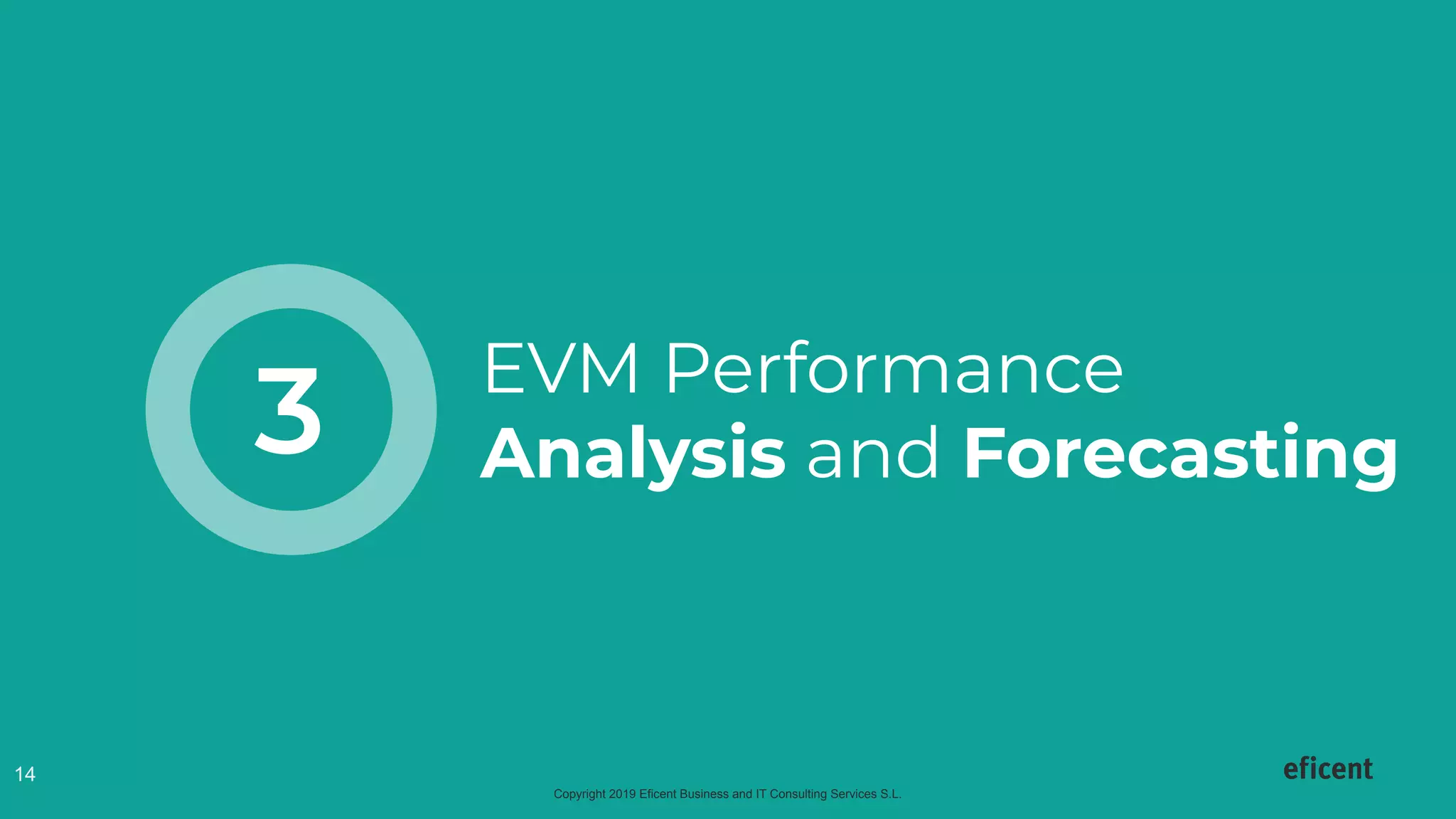 Copyright 2019 Eficent Business and IT Consulting Services S.L.
14
EVM Performance
Analysis and Forecasting3
 