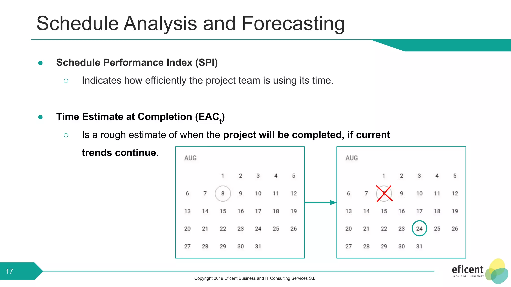 Copyright 2019 Eficent Business and IT Consulting Services S.L.
Schedule Analysis and Forecasting
● Schedule Performance Index (SPI)
○ Indicates how efficiently the project team is using its time.
● Time Estimate at Completion (EACt
)
○ Is a rough estimate of when the project will be completed, if current
trends continue.
17
 