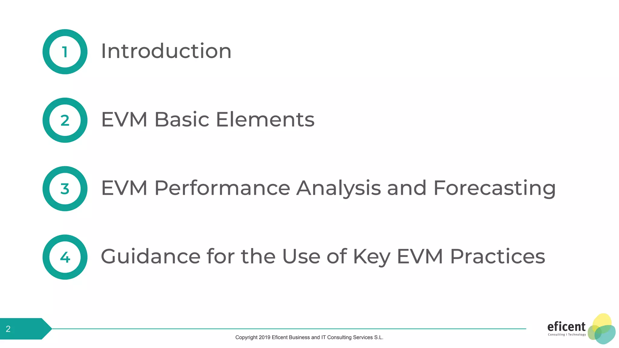 Copyright 2019 Eficent Business and IT Consulting Services S.L.
2
Introduction1
EVM Basic Elements2
EVM Performance Analysis and Forecasting3
Guidance for the Use of Key EVM Practices4
 