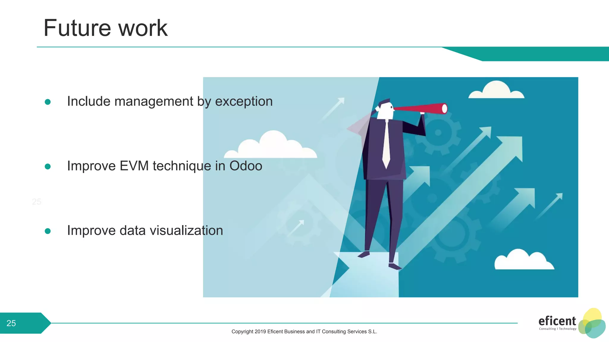 Copyright 2019 Eficent Business and IT Consulting Services S.L.
Future work
● Include management by exception
● Improve EVM technique in Odoo
● Improve data visualization
25
25
 