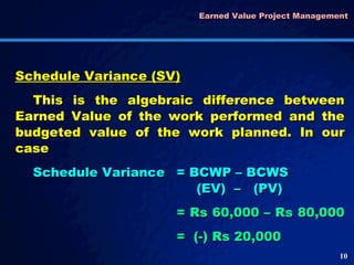 Earned Value Project Management  Schedule Variance (SV) This is the algebraic difference between Earned Value of the work performed and the budgeted value of the work planned. In our case Schedule Variance = BCWP – BCWS   (EV)  –  (PV)  = Rs 60,000 – Rs 80,000  =  (-) Rs 20,000 