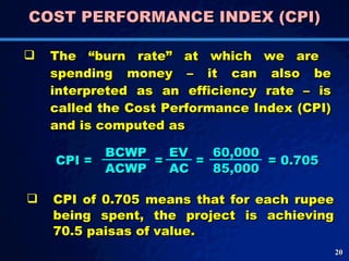 COST PERFORMANCE INDEX (CPI) The “burn rate” at which we are  spending money – it can also be interpreted as an efficiency rate – is called the Cost Performance Index (CPI) and is computed as CPI = = = = 0.705 CPI of 0.705 means that for each rupee being spent, the project is achieving 70.5 paisas of value.  BCWP ACWP EV AC 60,000 85,000 