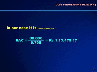 COST PERFORMANCE INDEX (CPI) 80,000 0.705 EAC = In our case it is ………….. = Rs 1,13,475.17 