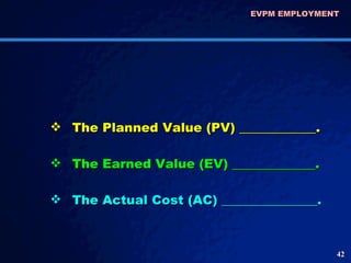 The Planned Value (PV) ____________. The Earned Value (EV) _____________. The Actual Cost (AC) _______________. EVPM EMPLOYMENT  