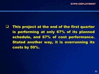 This project at the end of the first quarter is performing at only 67% of its planned schedule, and 67% of cost performance. Stated another way, it is overrunning its costs by 50%.  EVPM EMPLOYMENT  