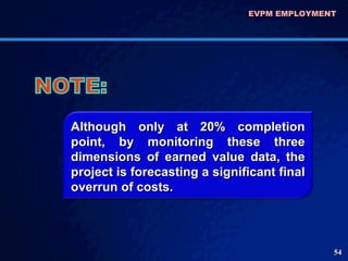 EVPM EMPLOYMENT  Although only at 20% completion point, by monitoring these three dimensions of earned value data, the project is forecasting a significant final overrun of costs.  