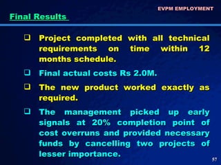 EVPM EMPLOYMENT  Final Results  Project completed with all technical requirements on time within 12 months schedule.  Final actual costs Rs 2.0M. The new product worked exactly as required.  The management picked up early signals at 20% completion point of cost overruns and provided necessary funds by cancelling two projects of lesser importance. 