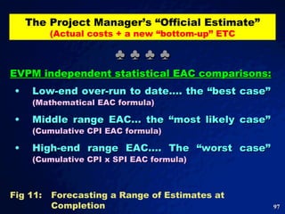 The Project Manager’s “Official Estimate” (Actual costs + a new “bottom-up” ETC EVPM independent statistical EAC comparisons: Low-end over-run to date…. the “best case”  (Mathematical EAC formula) Middle range EAC… the “most likely case”  (Cumulative CPI EAC formula) High-end range EAC…. The “worst case”  (Cumulative CPI x SPI EAC formula) Fig 11:  Forecasting a Range of Estimates at Completion  ♣ ♣ ♣ ♣ 