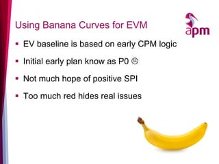 Using Banana Curves for EVM 
EV baseline is based on early CPM logic 
Initial early plan know as P0  
Not much hope of positive SPI 
Too much red hides real issues  