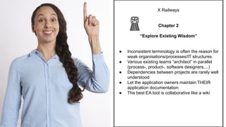 X Railways
Chapter 2
“Explore Existing Wisdom”
● Inconsistent terminology is often the reason for
weak organisations/processes/IT structures
● Various existing teams “architect” in parallel
(process-, product-, software designers,...)
● Dependencies between projects are rarely well
understood
● Let the application owners maintain THEIR
application documentation
● The best EA tool is collaborative like a wiki
 
