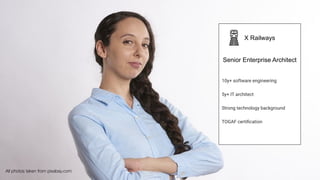 X Railways
Senior Enterprise Architect
10y+ software engineering
5y+ IT architect
Strong technology background
TOGAF certiﬁcation
All photos taken from pixabay.com
 