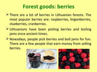 Forest goods: berries
 There are a lot of berries in Lithuanian forests. The
most popular berries are: raspberries, lingonberries,
clueberries, cranberries.
 Lithuanians have been picking berries and boiling
jams since ancient times.
 Nowadays, people pick berries and boil jams for fun.
There are a few people that earn money from selling
berries.
 