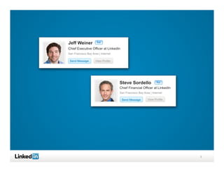 Jeff Weiner           1st

Chief Executive Officer at LinkedIn
San Francisco Bay Area | Internet

 Send Message        View Profile




                                    Steve Sordello              1st

                                    Chief Financial Officer at LinkedIn
                                    San Francisco Bay Area | Internet

                                      Send Message       View Profile




                                                                          3
 