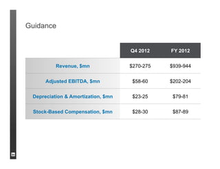 Guidance


                                    Q4 2012    FY 2012


          Revenue, $mn              $270-275   $939-944


      Adjusted EBITDA, $mn           $58-60    $202-204


 Depreciation & Amortization, $mn    $23-25     $79-81


 Stock-Based Compensation, $mn       $28-30     $87-89
 