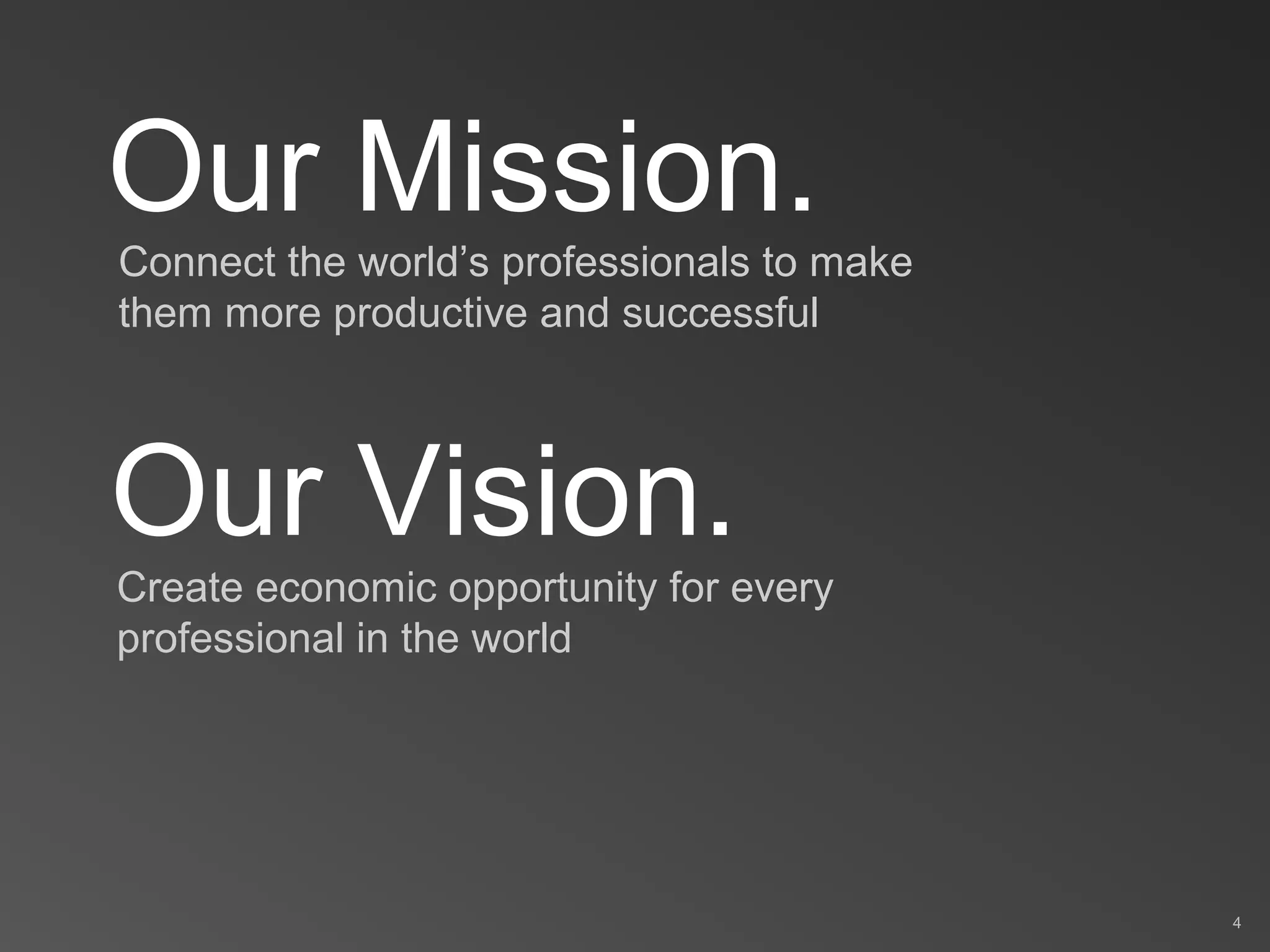 Connect the world’s professionals to make
them more productive and successful
Our Mission.
Our Vision.
Create economic opportunity for every
professional in the world
4
 