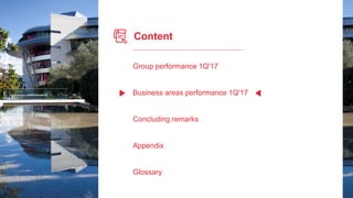 Content
Group performance 1Q'17
Business areas performance 1Q'17
Concluding remarks
Appendix
Glossary
 