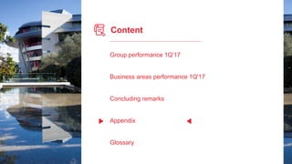 Content
Group performance 1Q'17
Business areas performance 1Q'17
Concluding remarks
Appendix
Glossary
 