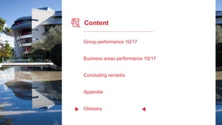 Content
Group performance 1Q'17
Business areas performance 1Q'17
Concluding remarks
Appendix
Glossary
 