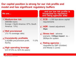 7
Our capital position is strong for our risk profile and
model and has significant regulatory buffers
We are…
…and our low risk profile is
recognised by regulators
and rating agencies alike
Medium-low risk
(€805Bn loans:
Europe + North America: 87%; South
America: 13%)
Well provisioned
(73.1% coverage ratio)
Consistently profitable
(c.€24Bn pre-provision profit, 11.0%
RoTE)
High operating leverage
(C/I 47.6% vs. 62% for peers)
ECB – c.300 bps above capital
requirements
AQR - lowest adjustment:
4bps
Stress test - adverse
scenario -143bps impact vs. -
260bps for system
Rating agencies –
Upgraded by S&P (October)
and Moody´s (June)
1
2
3
4
4
3
2
1
Stress test: December 2014 results
 