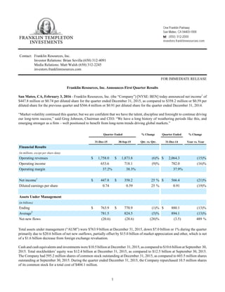 Franklin Resources, Inc.
First Quarter Results
Greg Johnson
Chairman and Chief Executive Officer
Ken Lewis
Chief Financial Officer
February 3, 2016
 