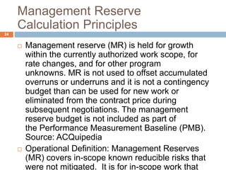 Schedule and Funding Reserve
0	
  
500	
  
1000	
  
1500	
  
2000	
  
2500	
  
3000	
  
3500	
  
4000	
  
Jan	
   Mar	
   May	
   Jul	
   Sep	
   Nov	
   Jan	
   Mar	
   May	
  
BCWS	
  
Management	
  	
  
Reserve	
  
Schedule	
  
Reserve	
  
BAC	
  
Total	
  Funds	
  
Delivery	
  
Schedule	
  
TIME	
  
$$$	
  
4500	
  
Nego>ated	
  
24
 