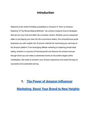 introduction
Welcome to the world of limitless possibilities on Amazon! In "Earn on Amazon:
Exploring 16 Top Money-Making Methods," we unravel a treasure trove of strategies
that can turn your time and effort into a lucrative venture. Whether you're a seasoned
seller or just dipping your toes into the e-commerce waters, this comprehensive guide
empowers you with insights into 16 proven methods for maximizing your earnings on
the Amazon platform. From leveraging affiliate marketing to mastering private label
selling, embark on a journey of financial growth and discover the diverse avenues
through which you can make a substantial income on the world's largest online
marketplace. Get ready to transform your Amazon experience and unlock the keys to
successful and sustainable earning.
1. The Power of Amazon Influencer
Marketing: Boost Your Brand to New Heights
 