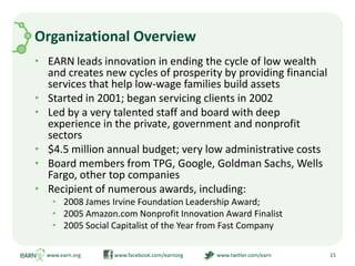 Organizational OverviewEARN leads innovation in ending the cycle of low wealth and creates new cycles of prosperity by providing financial services that help low-wage families build assetsStarted in 2001; began servicing clients in 2002Led by a very talented staff and board with deep experience in the private, government and nonprofit sectors$4.5 million annual budget; very low administrative costsBoard members from TPG, Google, Goldman Sachs, Wells Fargo, other top companiesRecipient of numerous awards, including: 2008 James Irvine Foundation Leadership Award; 2005 Amazon.com Nonprofit Innovation Award Finalist2005 Social Capitalist of the Year from Fast Companywww.earn.org                         www.facebook.com/earnorg                         www.twitter.com/earn15
