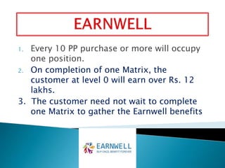 1. Every 10 PP purchase or more will occupy
one position.
2. On completion of one Matrix, the
customer at level 0 will earn over Rs. 12
lakhs.
3. The customer need not wait to complete
one Matrix to gather the Earnwell benefits
 
