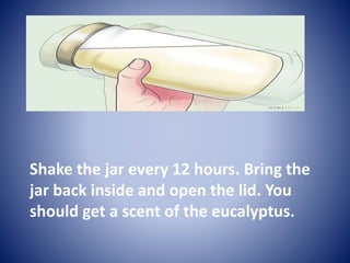 Shake the jar every 12 hours. Bring the 
jar back inside and open the lid. You 
should get a scent of the eucalyptus. 
 