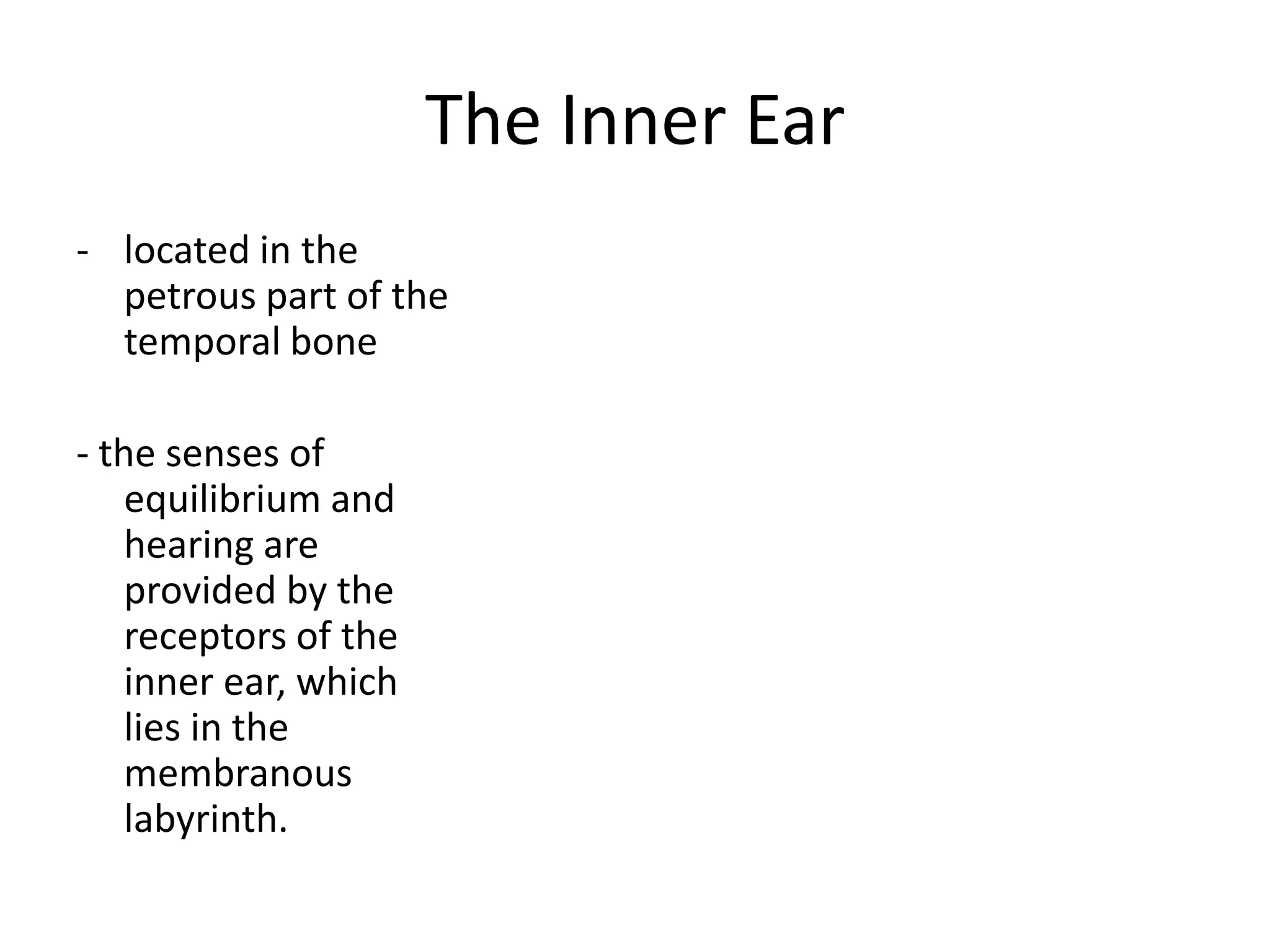 The Inner Ear
- located in the
  petrous part of the
  temporal bone

- the senses of
    equilibrium and
    hearing are
    provided by the
    receptors of the
    inner ear, which
    lies in the
    membranous
    labyrinth.
 