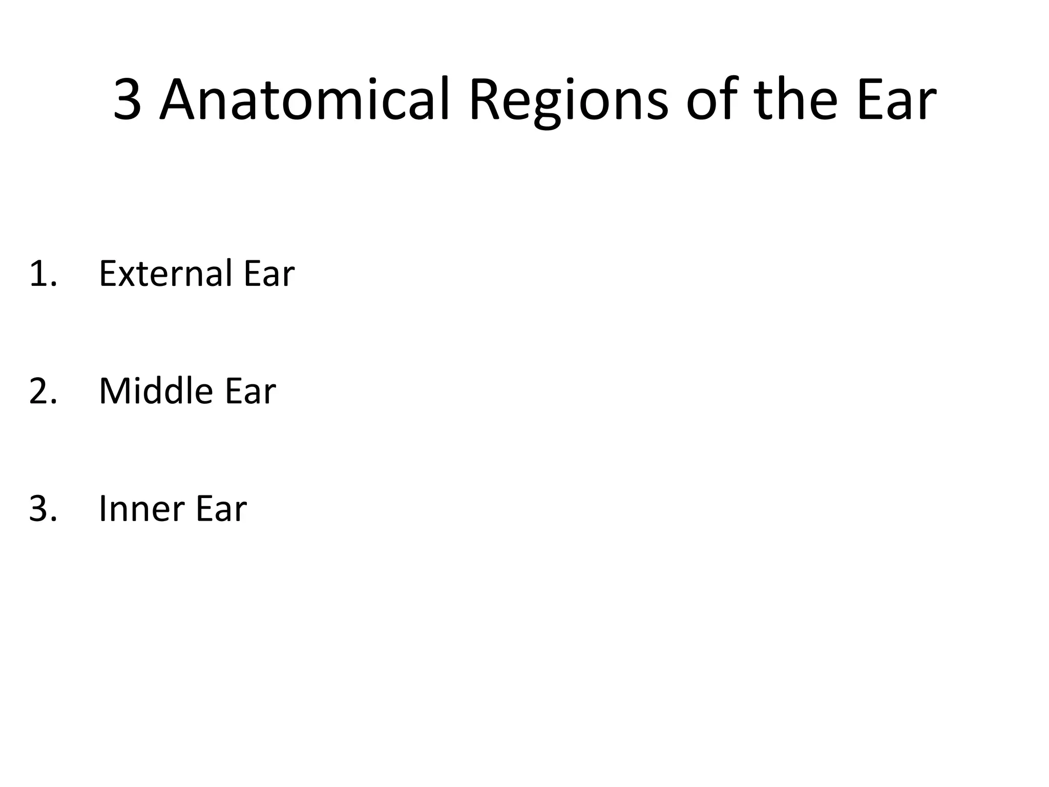 3 Anatomical Regions of the Ear

1. External Ear

2. Middle Ear

3. Inner Ear
 