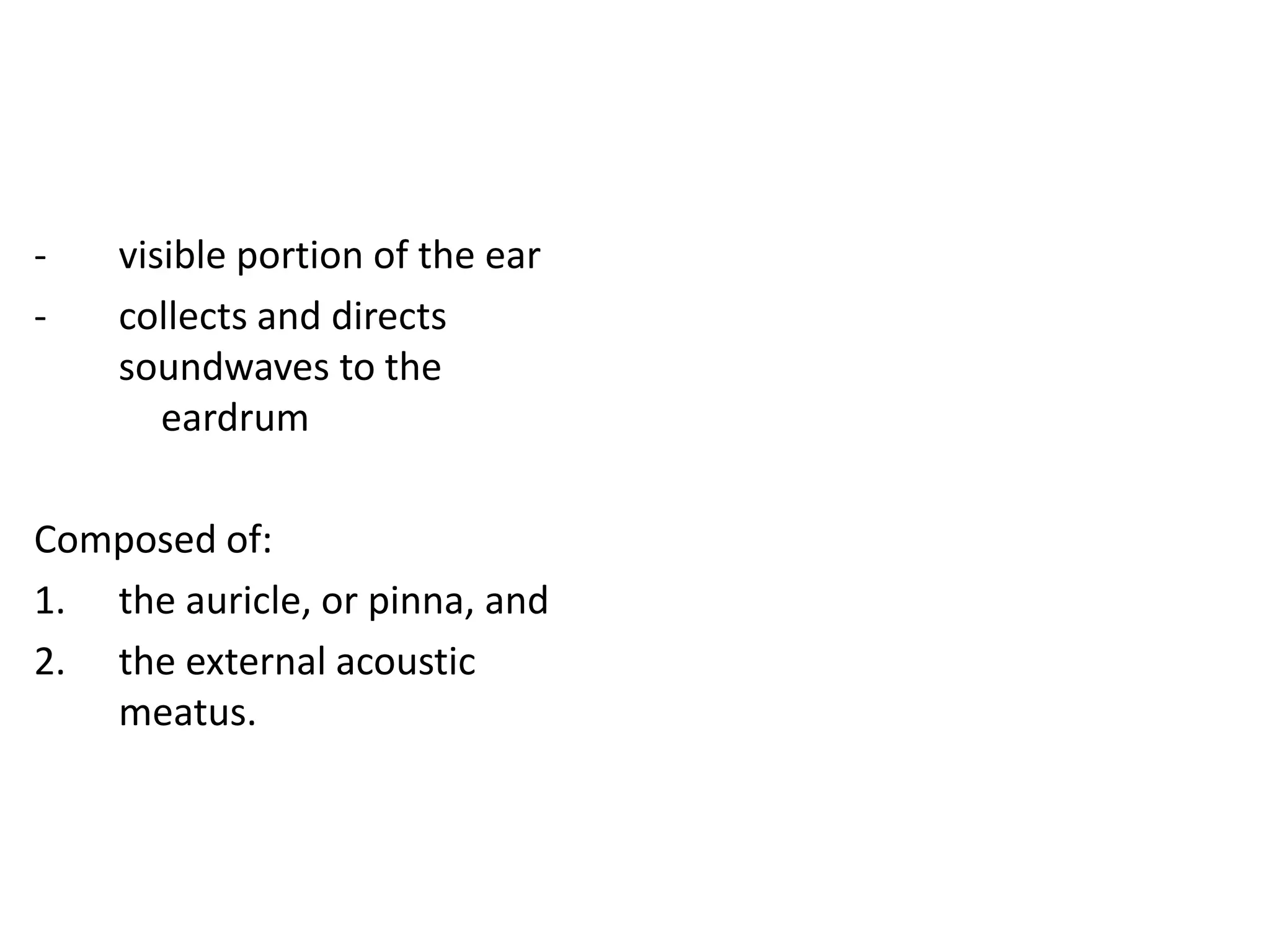 -   visible portion of the ear
-   collects and directs
    soundwaves to the
       eardrum

Composed of:
1. the auricle, or pinna, and
2. the external acoustic
   meatus.
 