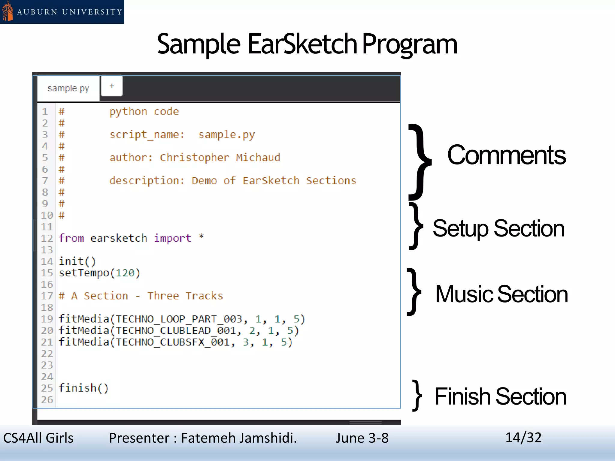 Sample EarSketchProgram
Comments
FinishSection
}
}Setup Section
} MusicSection
}
14 1/CS4All Girls Presenter : Fatemeh Jamshidi. June 3-8 14/32
 