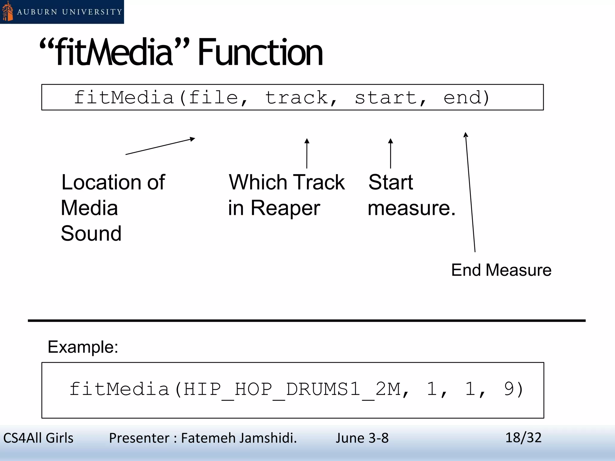 “fitMedia”Function
fitMedia(file, track, start, end)
Location of
Media
Sound
Which Track
in Reaper
Start
measure.
End Measure
Example:
fitMedia(HIP_HOP_DRUMS1_2M, 1, 1, 9)
18CS4All Girls Presenter : Fatemeh Jamshidi. June 3-8 18/32
 