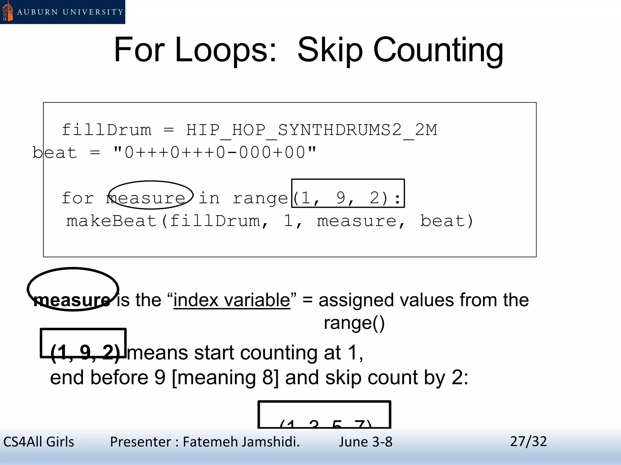 For Loops: Skip Counting
fillDrum = HIP_HOP_SYNTHDRUMS2_2M
beat = "0+++0+++0-000+00"
for measure in range(1, 9, 2):
makeBeat(fillDrum, 1, measure, beat)
measure is the “index variable” = assigned values from the
range()
(1, 9, 2) means start counting at 1,
end before 9 [meaning 8] and skip count by 2:
(1, 3, 5, 7)
27CS4All Girls Presenter : Fatemeh Jamshidi. June 3-8 27/32
 