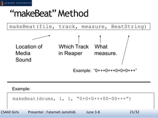 “makeBeat”Method
makeBeat(file, track, measure, BeatString)
Location of
Media
Sound
Which Track
in Reaper
What
measure.
Example: “0+++0+++0+0+0+++”
Example:
makeBeat(drums, 1, 1, “0+0+0+++00-00+++”)
21CS4All Girls Presenter : Fatemeh Jamshidi. June 3-8 21/32
 