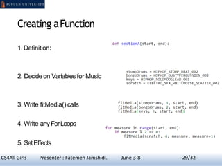 Creating aFunction
1. Definition:
2. Decide on Variables for Music
3. Write fitMedia() calls
4. Write any ForLoops
5. Set Effects
29CS4All Girls Presenter : Fatemeh Jamshidi. June 3-8 29/32
 