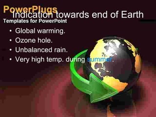 Indication towards end of Earth
•   Global warming.
•   Ozone hole.
•   Unbalanced rain.
•   Very high temp. during summer.
 