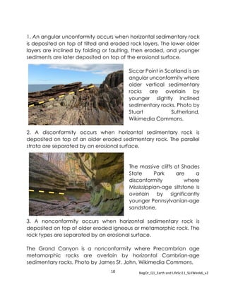10 NegOr_Q1_Earth and LifeSci11_SLKWeek6_v2
1. An angular unconformity occurs when horizontal sedimentary rock
is deposited on top of tilted and eroded rock layers. The lower older
layers are inclined by folding or faulting, then eroded, and younger
sediments are later deposited on top of the erosional surface.
Siccar Point in Scotland is an
angular unconformity where
older vertical sedimentary
rocks are overlain by
younger slightly inclined
sedimentary rocks. Photo by
Stuart Sutherland,
Wikimedia Commons.
2. A disconformity occurs when horizontal sedimentary rock is
deposited on top of an older eroded sedimentary rock. The parallel
strata are separated by an erosional surface.
The massive cliffs at Shades
State Park are a
disconformity where
Mississippian-age siltstone is
overlain by significantly
younger Pennsylvanian-age
sandstone.
3. A nonconformity occurs when horizontal sedimentary rock is
deposited on top of older eroded igneous or metamorphic rock. The
rock types are separated by an erosional surface.
The Grand Canyon is a nonconformity where Precambrian age
metamorphic rocks are overlain by horizontal Cambrian-age
sedimentary rocks. Photo by James St. John, Wikimedia Commons.
 