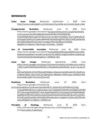 19 NegOr_Q1_Earth and LifeSci11_SLKWeek6_v2
REFERENCES
Cake layer image. Retrieved September 1, 2020 from
https://www.cookinglight.com/recipes/chocolate-and-cream-layer-cake
Conglomerate illustration. Retrieved June 27, 2020 from
https://www.google.com/search?q=gravel+become+conglomerate&tb
m=isch&ved=2ahUKEwjB6aS6h6fqAhWMBaYKHdDXB2UQ2-
cCegQIABAA&oq=gravel+become+conglomerate&gs_lcp=CgNpbWcQ
A1DygghY6ZAIYLyiCGgAcAB4AIAB7QGIAbEIkgEFMC42LjGYAQCgAQGqA
Qtnd3Mtd2l6LWltZw&sclient=img&ei=9OL5XsGfBoyLmAXQr5-
oBg&bih=613&biw=1366#imgrc=eI7oHbp_-7zQUM
Law of horizontality examples. Retrieved June 24, 2020 from
https://www.google.com/search?q=law%20of%20original%20horizontality
%20examples&tbm=isch&hl=en&ved=0CJkBEKzcAigBahcKEwiYu6qtkKLqA
hUAAAAAHQAAAAAQAg&biw=1349&bih=564
Layer Hen image. Retrieved September 1,2020 from
https://www.google.com/search?q=layer+hen&tbm=isch&source=iu&ictx
=1&fir=mpKPdWDIfY8JoM%252CmY3FspBdXdaQtM%252C_&vet=1&usg=AI
4_-
kSR7pxIPq0oAMJXTx3O9ZviaMB1BQ&sa=X&ved=2ahUKEwjMnr32_8brAhUe
xYsBHah7Bi0Q_h0wAXoECAwQBA&biw=985&bih=590#imgrc=b4N3GVJNV
kwdmM&imgdii=YtlwJCeUGnUuHM
Mudstone illustration. Retrieved June 27, 2020 from
https://www.google.com/searchA
q=mudstone&tbm=isch&ved=2ahUKEwj8-YS_iafqAhWUL6YKHXAmCxcQ2-
cCegQIABAA&oq=mudstone&gs_lcp=CgNpbWcQAzIECAAQQzIECAAQQ
zICCAAyAggAMgIIADICCAAyAggAMgIIADICCAAyAggAOgYIABAKEBg6B
AgAEBhQ1f8YWIiwGWDyuhloAXAAeAGAAe4GiAG2GJIBCjAuMTYuMS42LT
GYAQCgAQGqAQtnd3Mtd2l6LWltZw&sclient=img&ei=FuX5XvyWOZTfmAX
wzKy4AQ&bih=613&biw=1349&hl=en
Principles of Geology. Retrieved June 24, 2020 from
https://timescavengers.blog/introductory-material/geologic-
time/principles-of-geology/
 